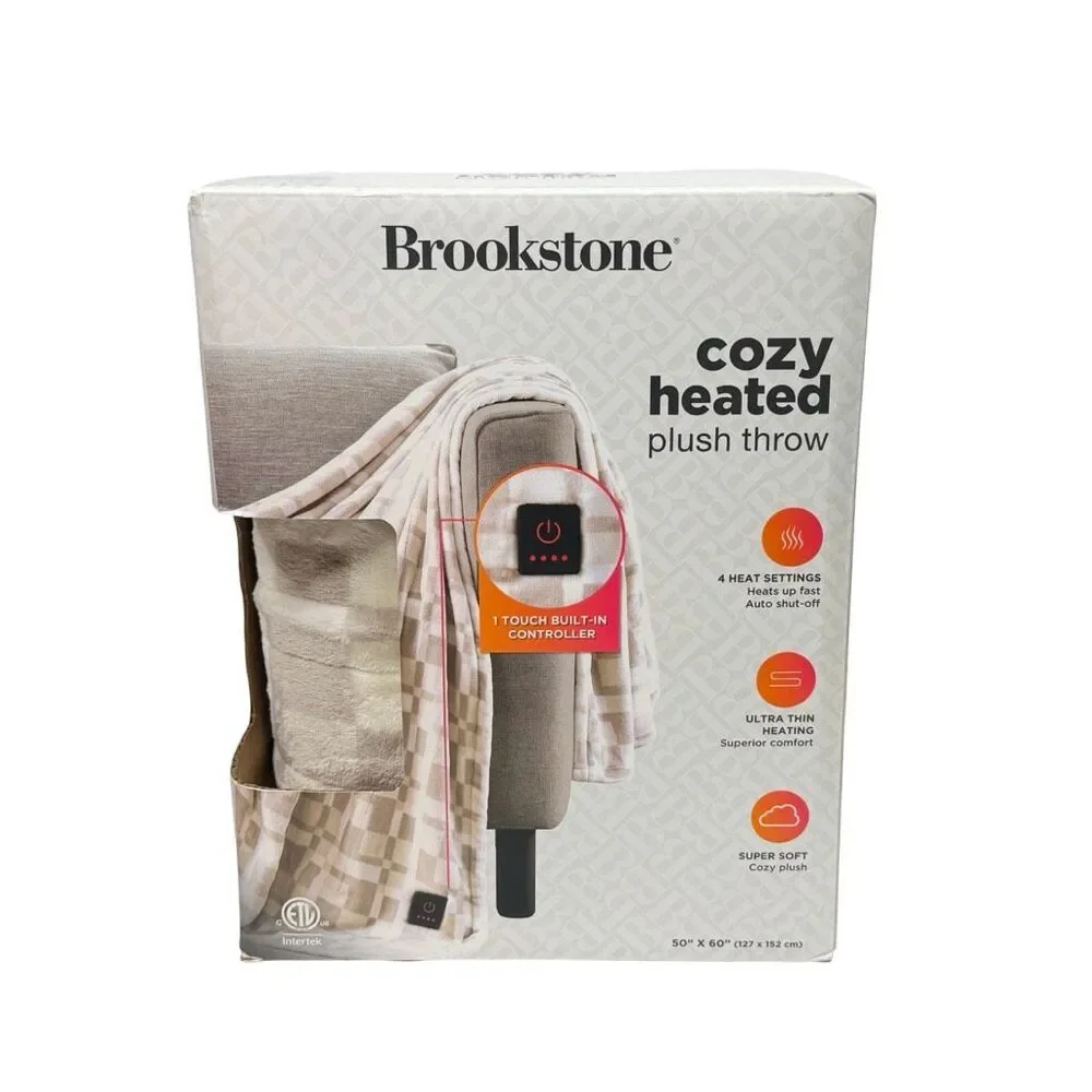 Brookstone Cozy Heated Printed Plush Throw - 50” x 60” - Chic Plaid